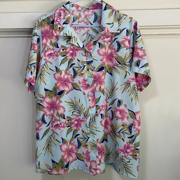 Cool, comfy & pretty short sleeve, button-down Hawaiian print blouse, size XL - Picture 1 of 10